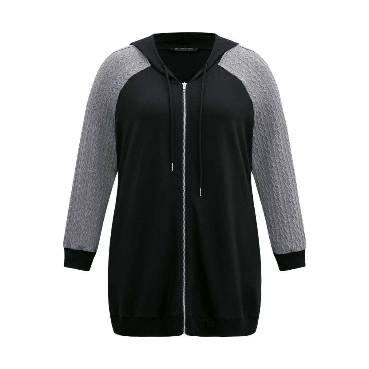 Plus Size Textured Contrast Zipper Hooded Drawstring Sweatshirt Women Black Casual Rib Knit Hooded Dailywear Sweatshirts BloomChic 22-24/3X Product Image