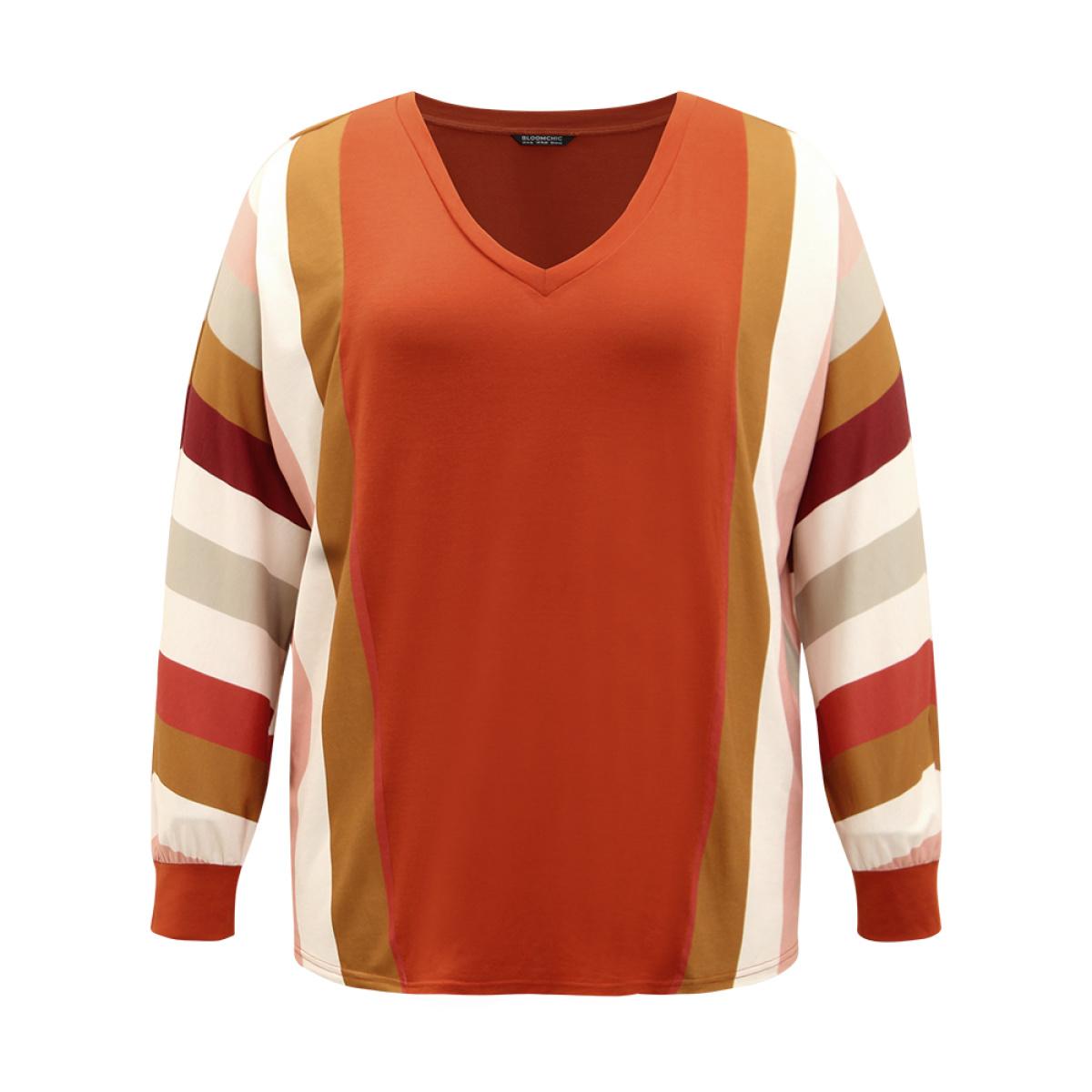 Plus Size Colour Striped V Neck Batwing Sleeve T-shirt Multicolor Women Casual Elastic cuffs Striped V-neck Dailywear T-shirts BloomChic 10/M Product Image