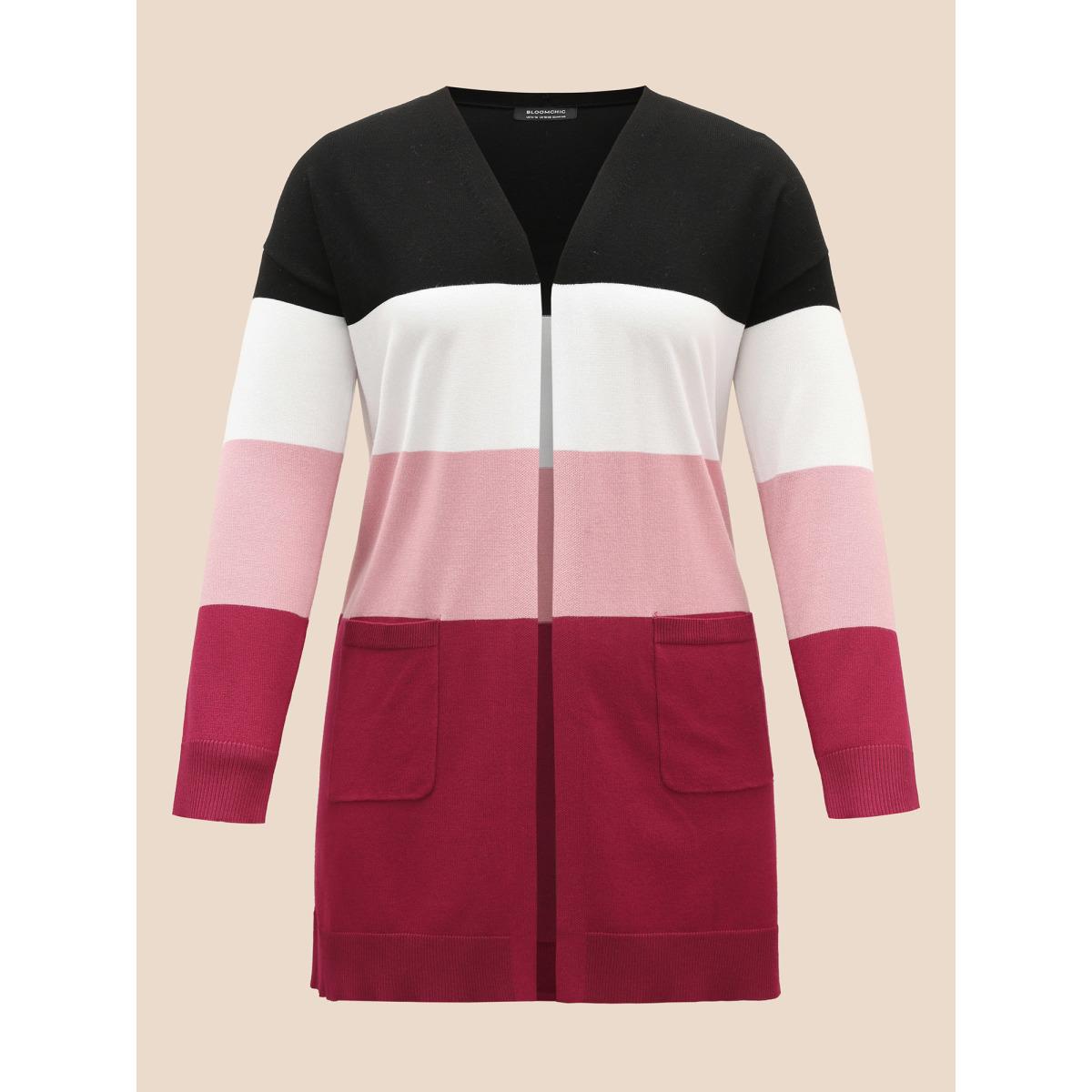 Plus Size Supersoft Essentials Colorblock Contrast Pocket Cardigan Rosered Women Casual Loose Three Quater Length Sleeve Everyday Cardigans BloomChic 22-24/3X Product Image
