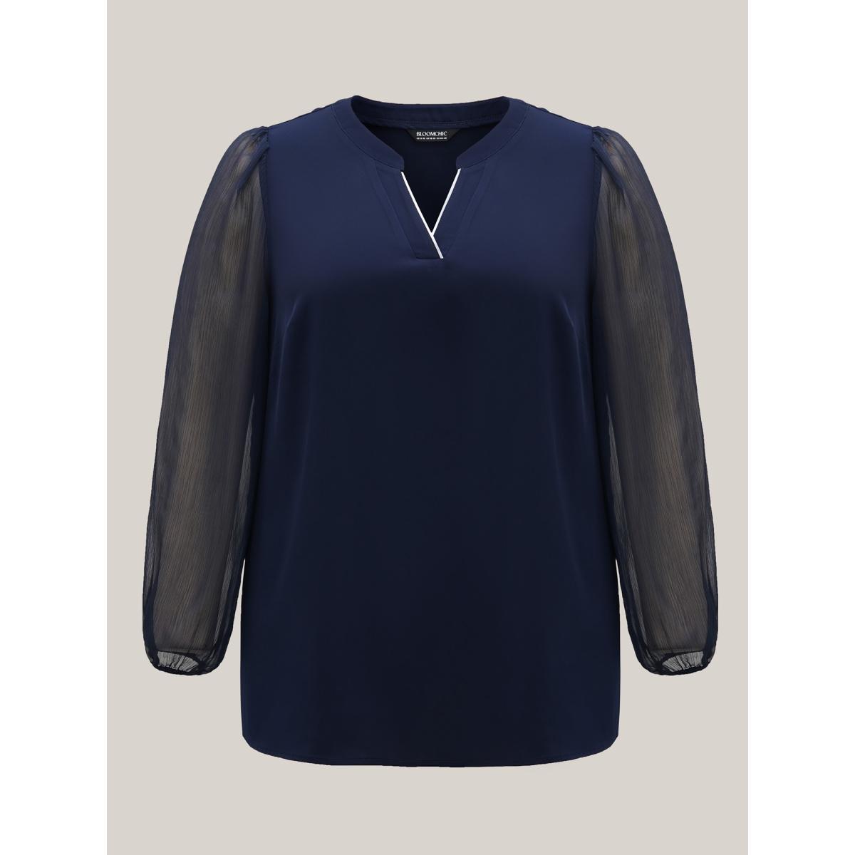 Plus Size Indigo Mixed Fabric Sheer Puff Sleeve Shirt Women At the Office Extra Long Sleeve V-neck Work Blouses BloomChic 28/5X Product Image