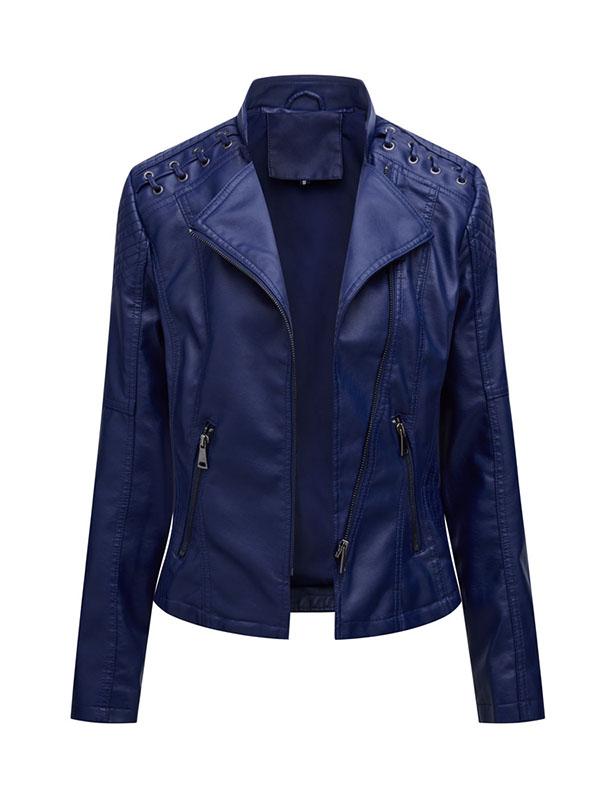 Long Sleeves Split-Joint Zipper Mock Neck PU Jackets Outerwear Product Image