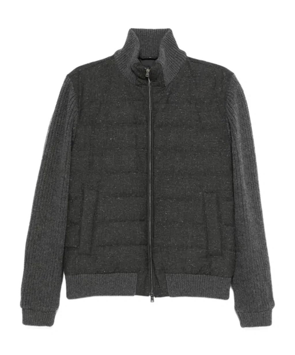 HERNO Padded Bomber Jacket With Knitted Sleeves In Gray Product Image