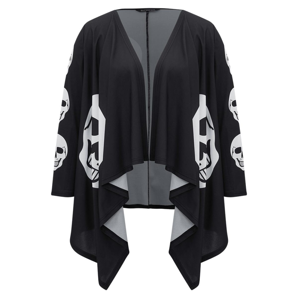 Plus Size Halloween Skull Print Asymmetrical Hem Drape Kimono Women Black Casual Drape Loose Dailywear Kimonos BloomChic 14-16/1X Product Image