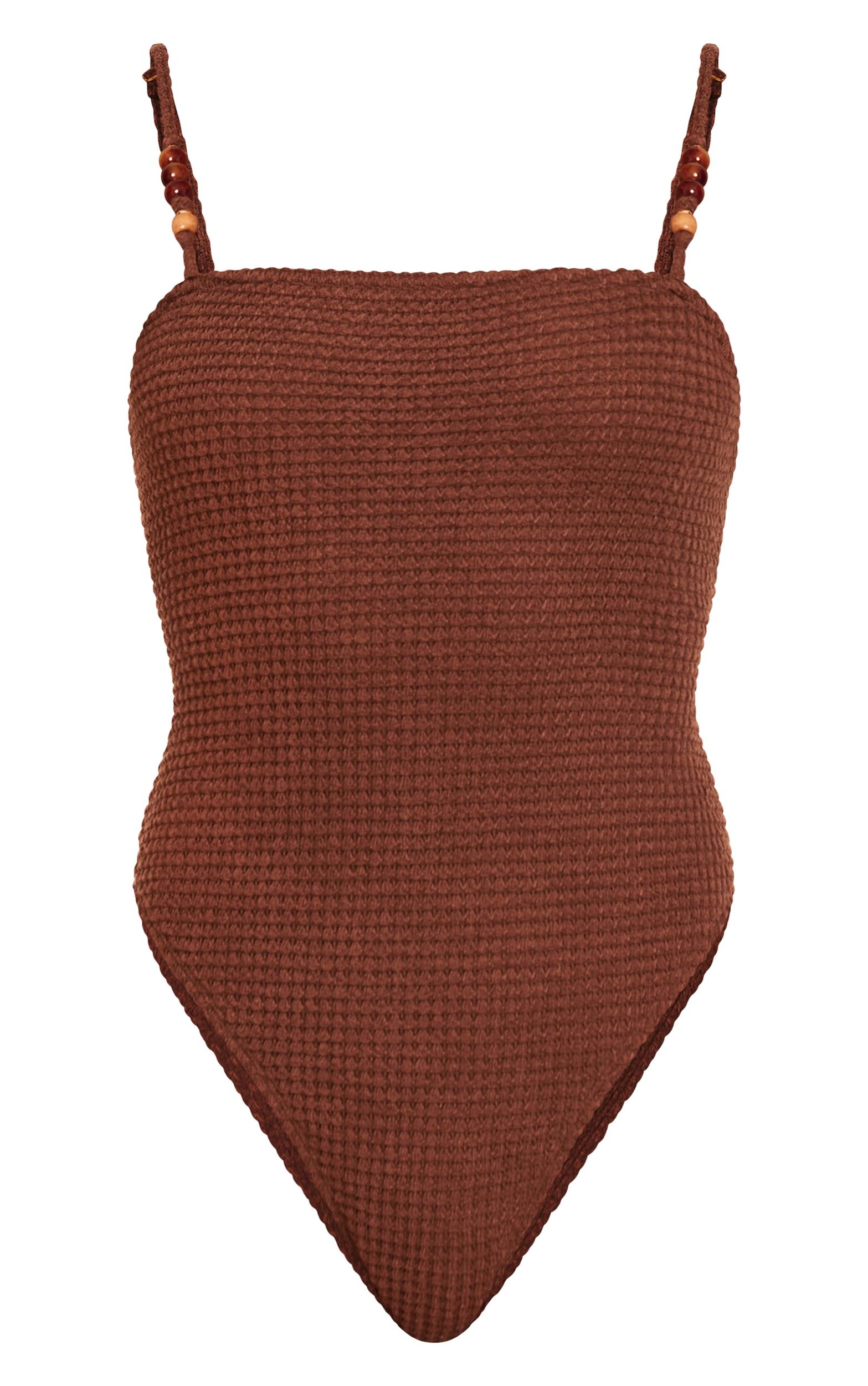 Petite Mocha Crochet Bead Trim Swimsuit Product Image
