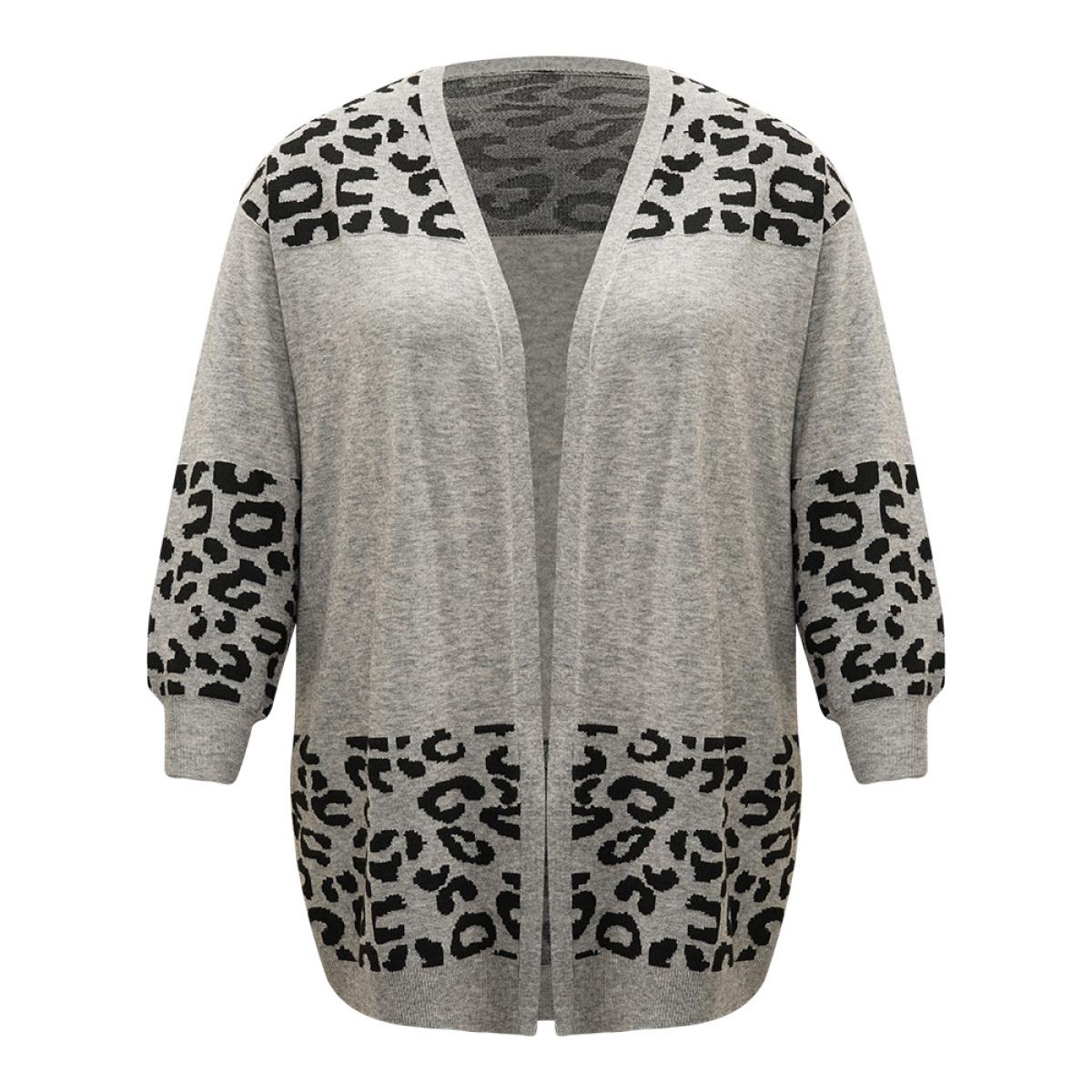 Plus Size Supersoft Essentials Leopard Contrast Elastic Cuffs Pullover DarkGray Women Casual Loose Long Sleeve Dailywear Cardigans BloomChic 28/5X Product Image