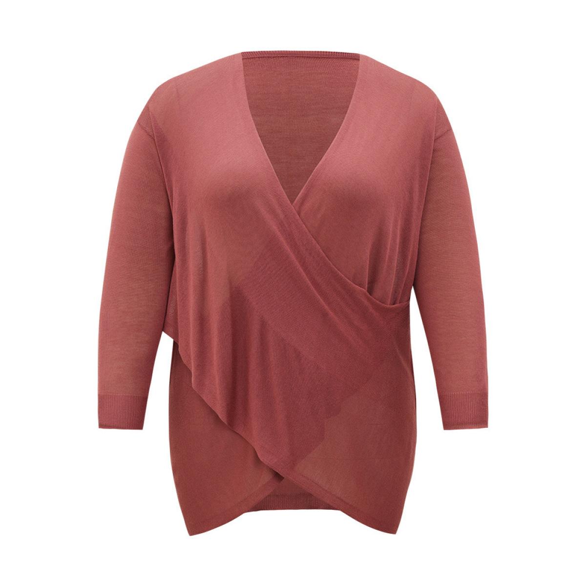 Plus Size Supersoft Essentials Solid Crossover Elastic Cuffs Pullover Russet Women Casual Loose Long Sleeve V-neck Everyday Pullovers BloomChic 10/M Product Image