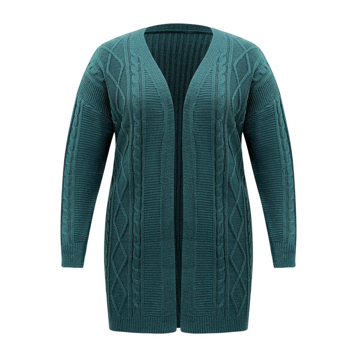 Plus Size Plain Cable Knit Luxe Open Front Cardigan Cyan Women Casual Loose Long Sleeve Dailywear Cardigans BloomChic 22-24/3X Product Image