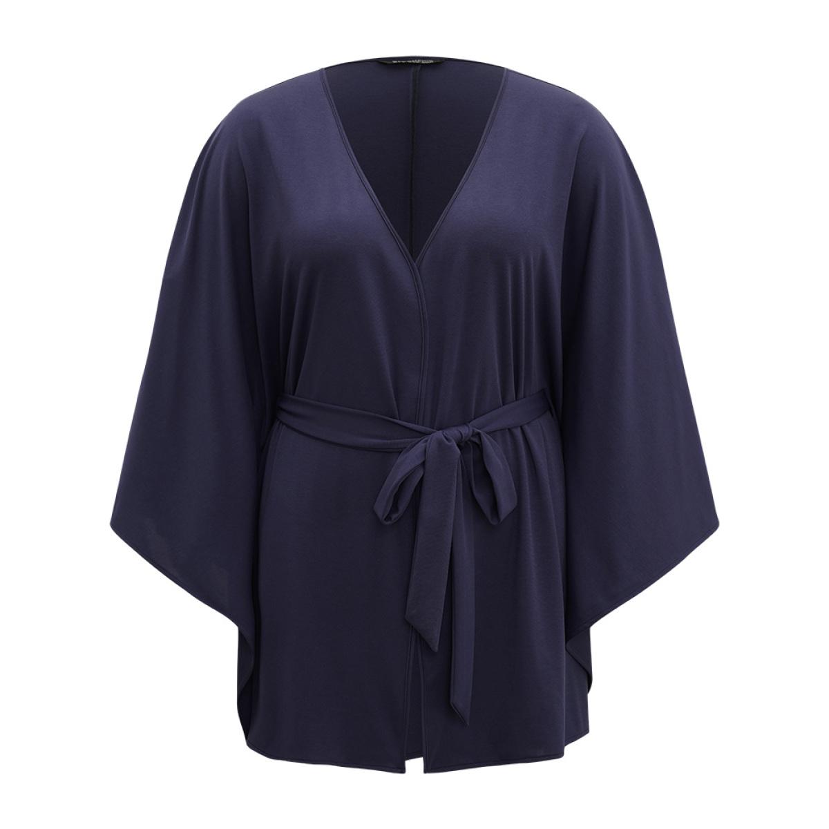 Plus Size Plain Drape Surplice Neck Belted Kimono Women Indigo Casual Drape Loose Belt Everyday Kimonos BloomChic 12/L Product Image