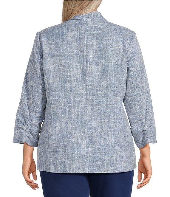 Investments Plus Size Scratch Pattern 3/4 Ruched Sleeve Notch Lapel Lined Button Front Blazer Product Image