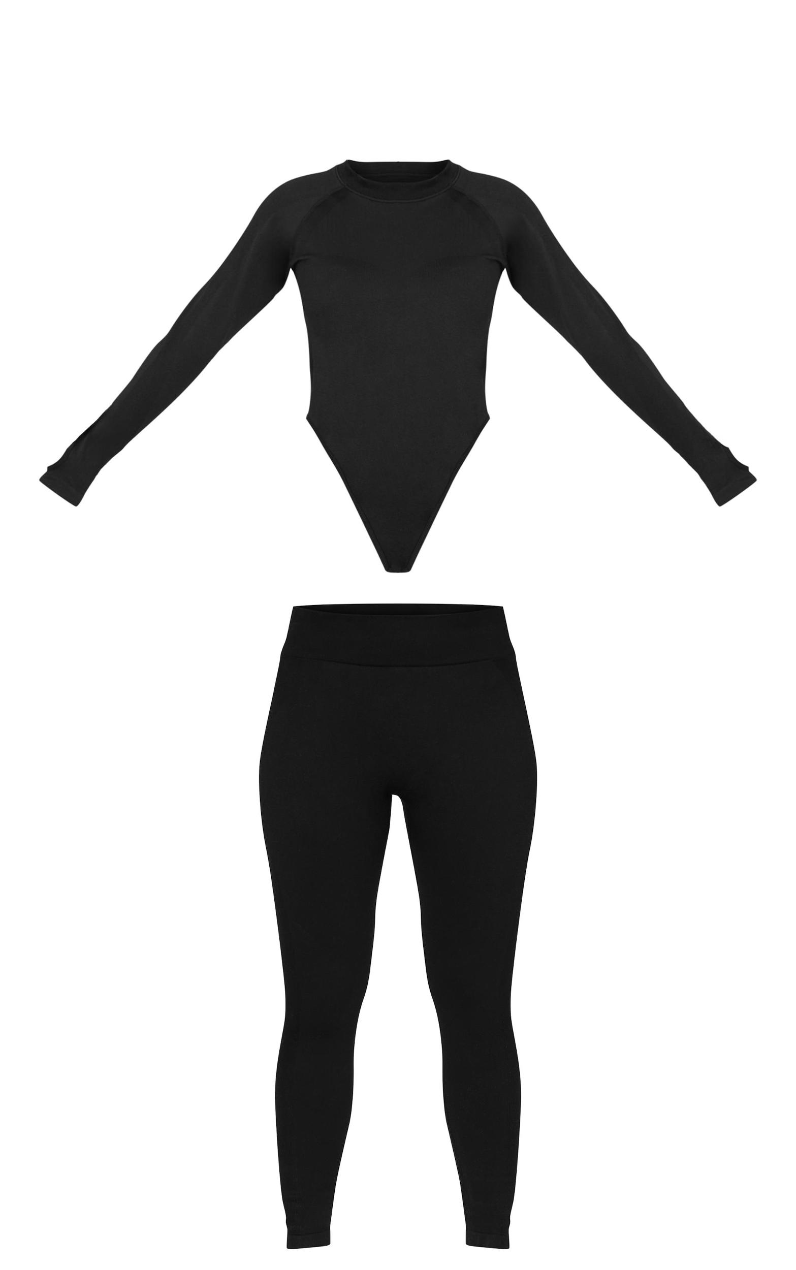 PRETTYLITTLETHING SKI Black Seamless Contrast Rib Bodysuit And Legging Set Product Image