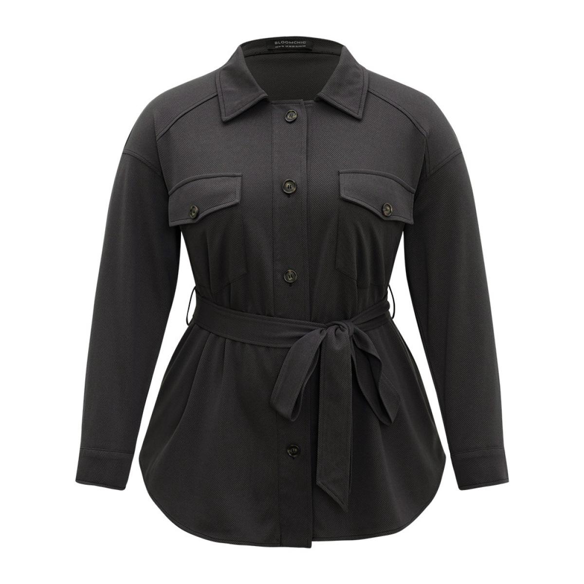 Plus Size Solid Pocket Button Through Belted Coat Women Gray Casual Plain Ladies Dailywear Winter Coats BloomChic 28/5X Product Image