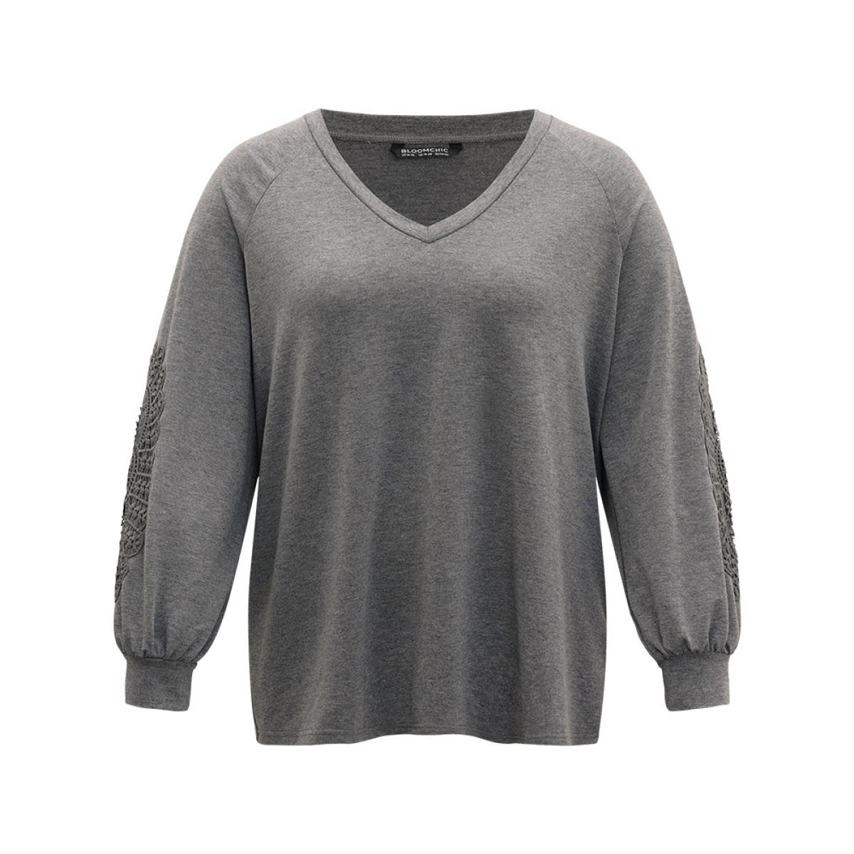 Plus Size Plain Guipure Lace V Neck Raglan Sleeve Sweatshirt Women Gray Elegant Plain V-neck Dailywear Sweatshirts BloomChic 12/L Product Image