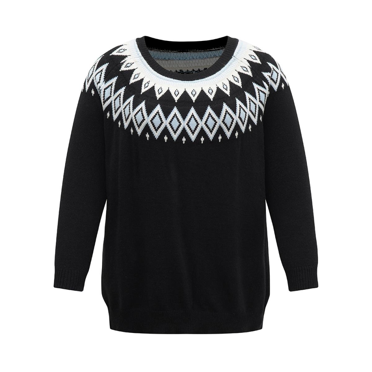 Plus Size Supersoft Essentials Geo Contrast Raglan Sleeve Pullover Black Women Casual Loose Long Sleeve Round Neck Dailywear Pullovers BloomChic 14-16/1X Product Image