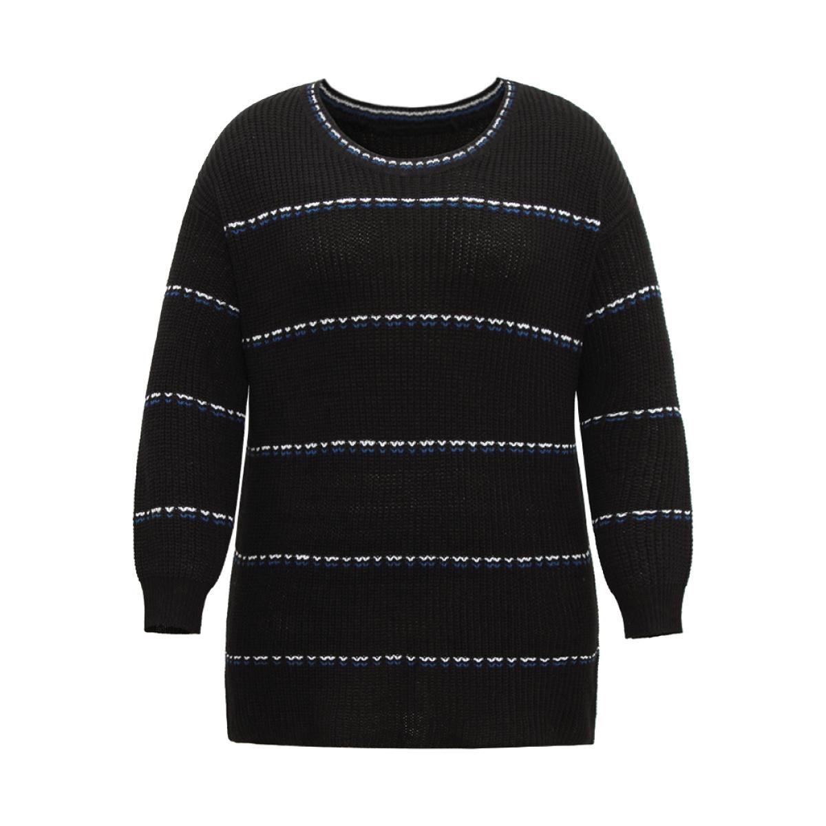 Plus Size Contrast Striped Round Neck Elastic Cuffs Pullover Black Women Casual Loose Long Sleeve Everyday Pullovers BloomChic 28/5X Product Image