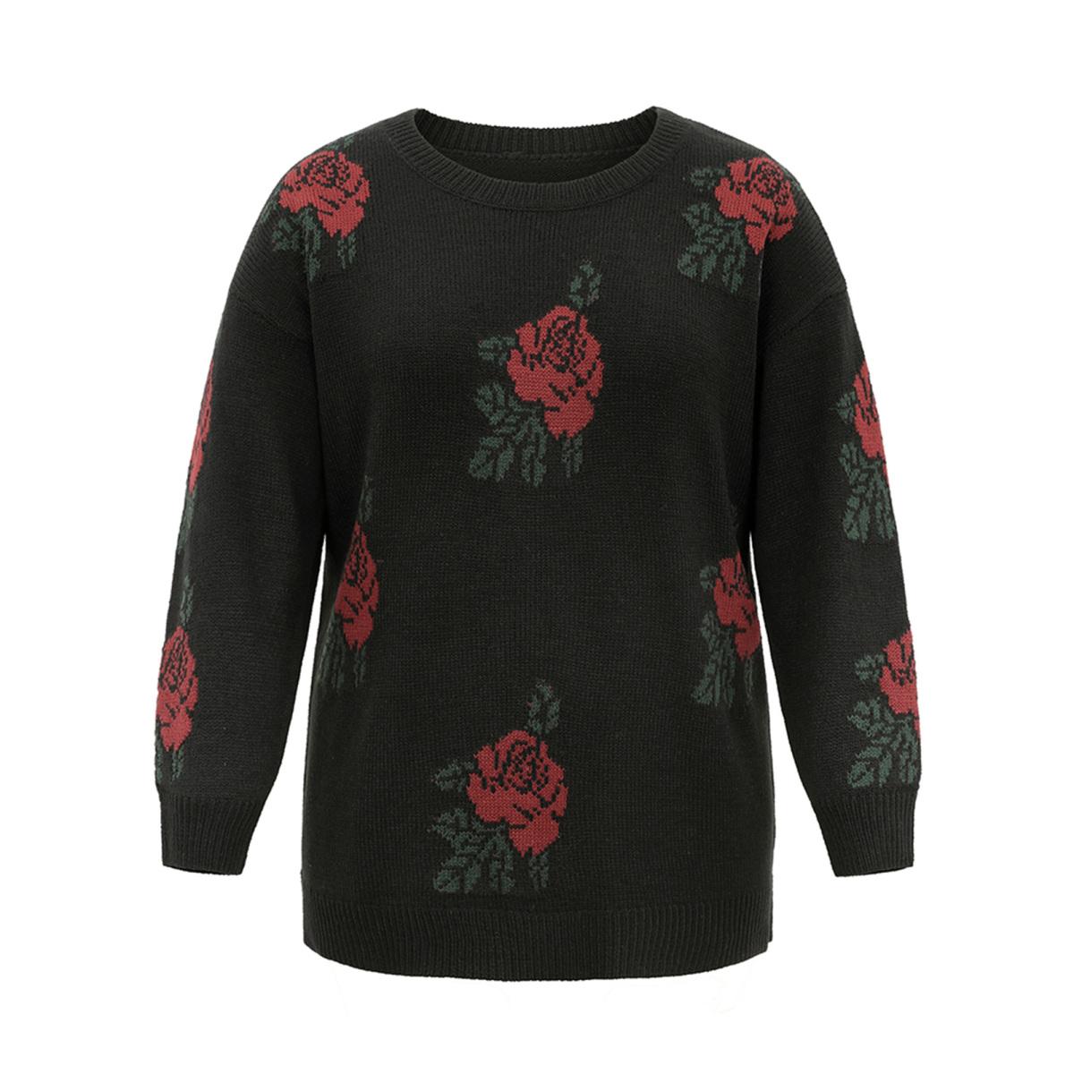 Plus Size Rose Jacquard Crew Neck Drop Shoulder Pullover Black Women Casual Long Sleeve Round Neck Everyday Pullovers BloomChic 22-24/3X Product Image