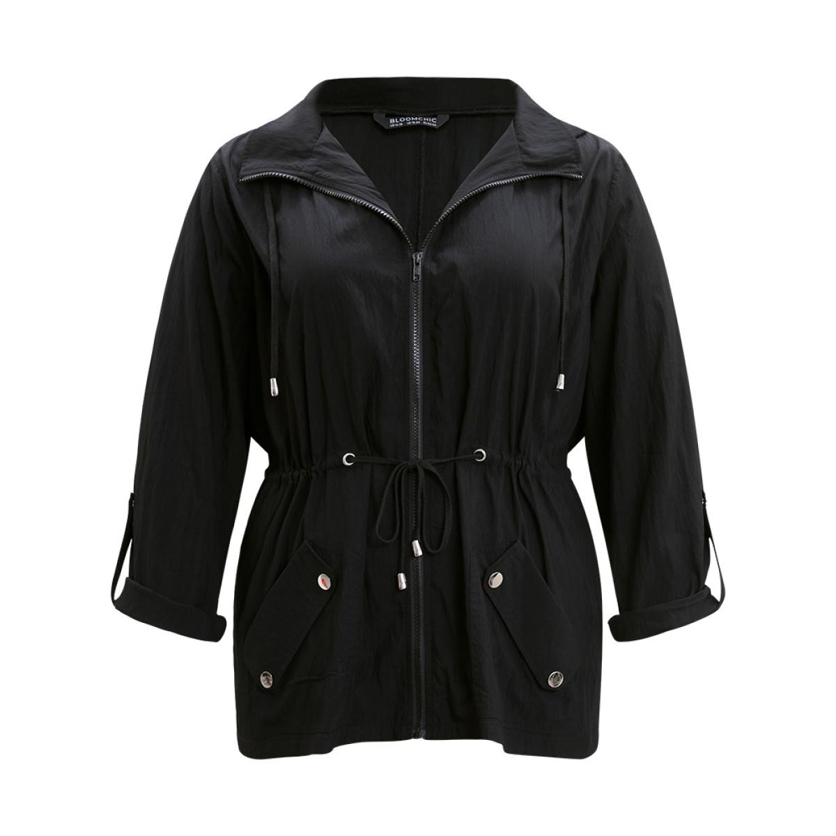 Plus Size Plain Hooded Zipper Drawstring Tab Sleeve Coat Women Black Plain Pocket Everyday Jackets BloomChic 18-20/2X Product Image