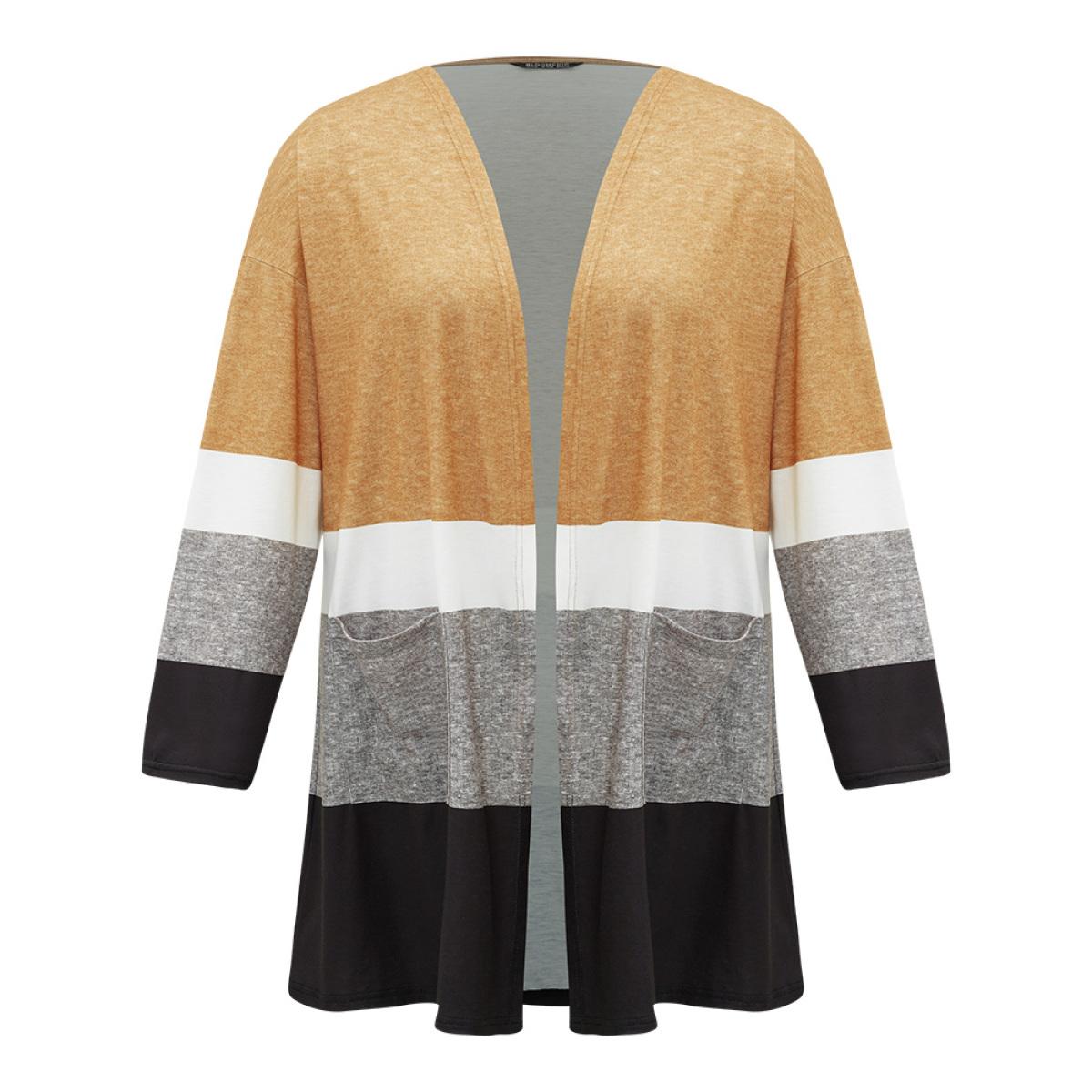 Plus Size Halloween Anti-Wrinkle Colorblock Contrast Pocket Open Front Kimono Women Multicolor Casual Contrast Pocket Dailywear Kimonos BloomChic 14-16/1X Product Image