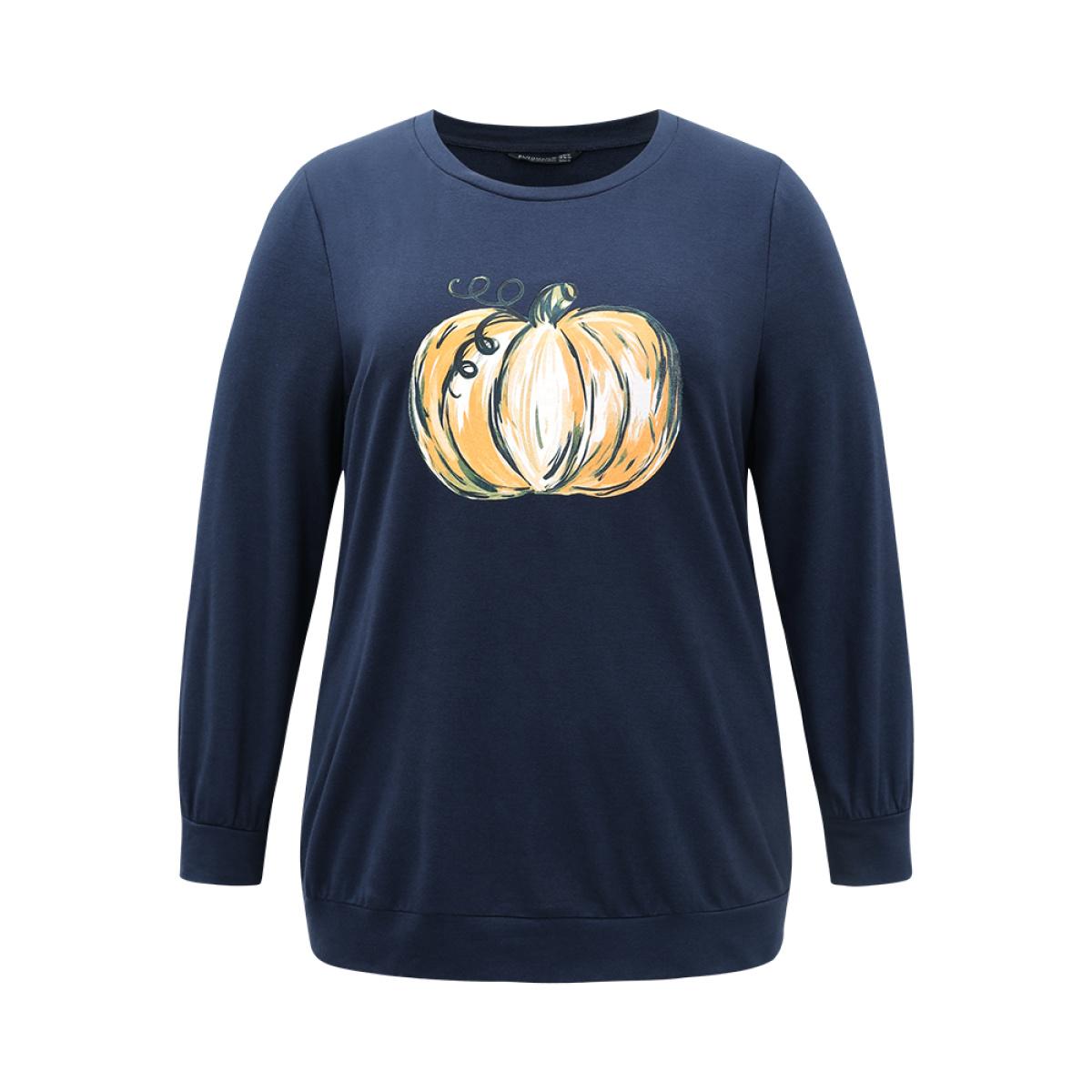 Plus Size Round Neck Pumpkin Print Sweatshirt Women Indigo Casual Printed Dailywear Sweatshirts BloomChic 12/L Product Image