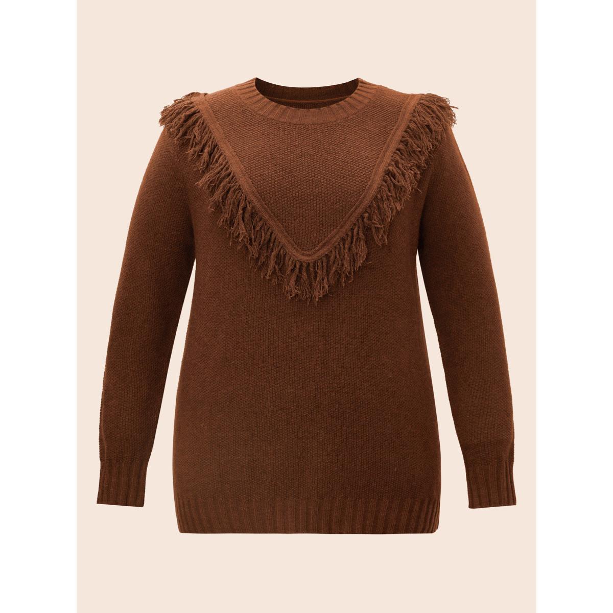 Plus Size Tassel-Front High Neck Pullover DarkBrown Women Casual Long Sleeve Round Neck Everyday Pullovers BloomChic 18-20/2X Product Image