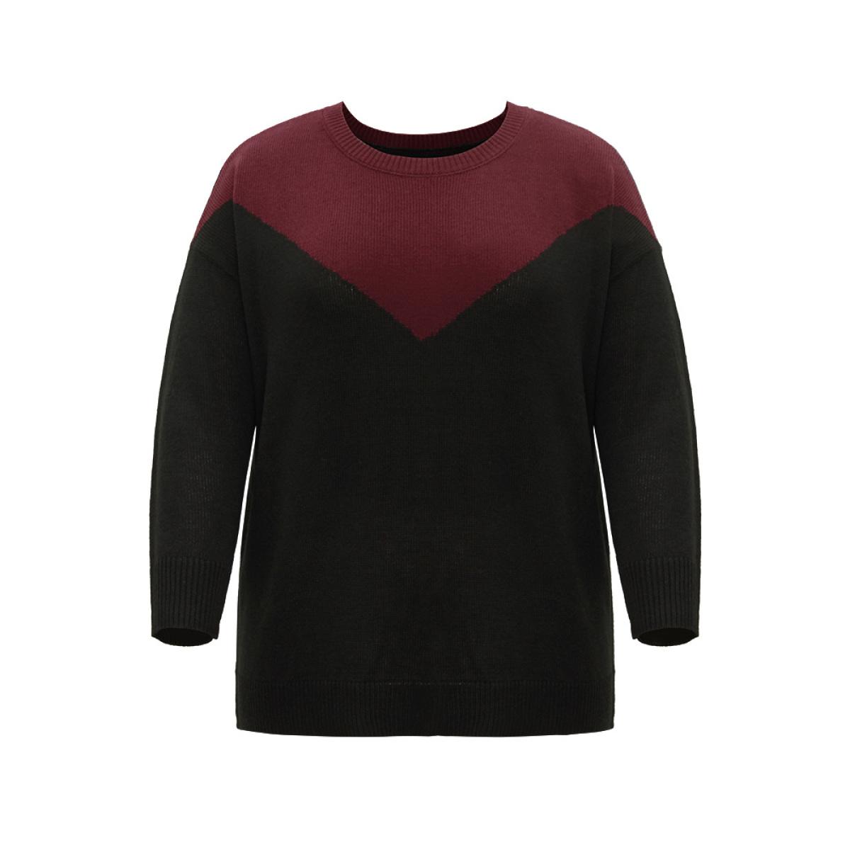 Plus Size Patchwork Colorblock Drop Shoulder Pullover Burgundy Women Casual Loose Long Sleeve Round Neck Dailywear Pullovers BloomChic 18-20/2X Product Image