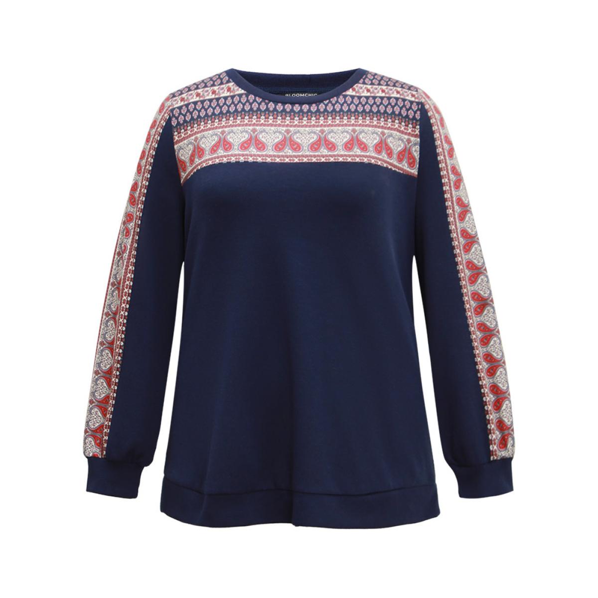 Plus Size Paisley Contrast Patchwork Rib Knit Sweatshirt Women DarkBlue Elegant Contrast Round Neck Dailywear Sweatshirts BloomChic 10/M Product Image