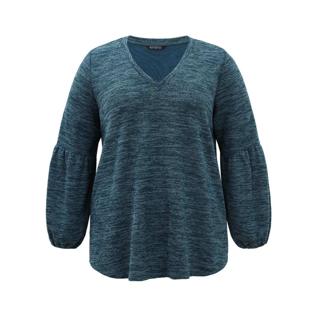 Plus Size Heather V Neck Lantern Sleeve Sweatshirt Women Cyan Casual Elastic cuffs V-neck Dailywear Sweatshirts BloomChic 10/M Product Image