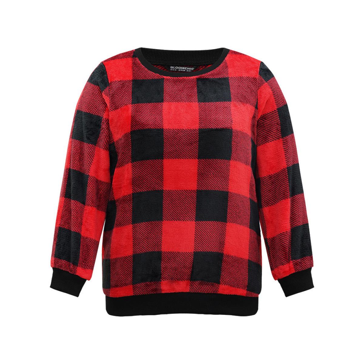 Plus Size Plaid Print Round Neck Fluffy Sweatshirt Women Scarlet Casual Rib Knit Round Neck Festival-Christmas Sweatshirts BloomChic 12/L Product Image