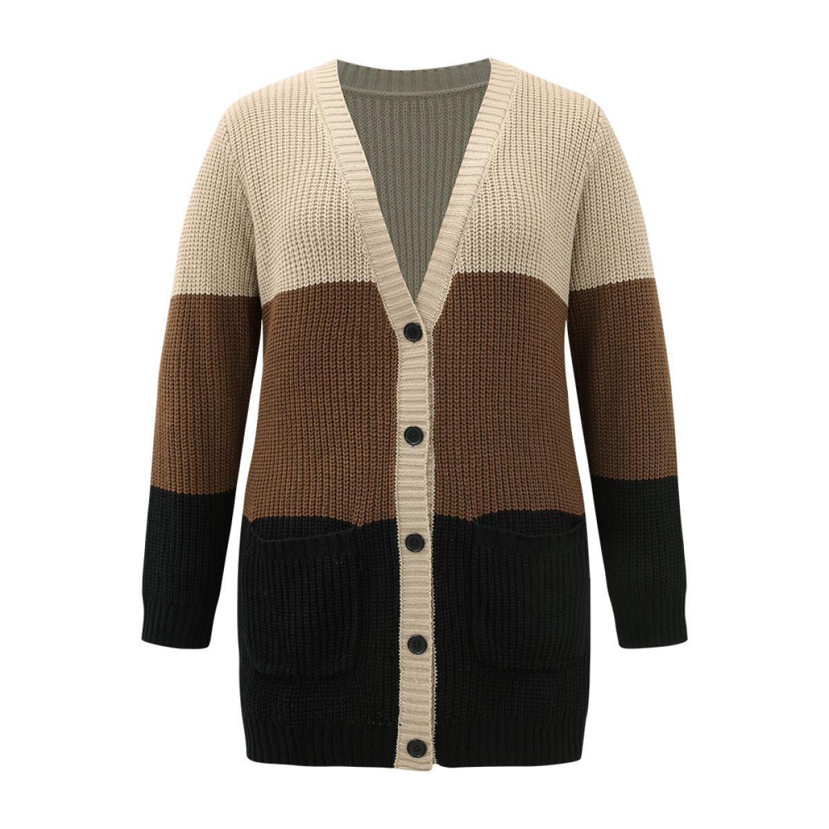 Plus Size Contrast Button Through Patched Pocket Cardigan Multicolor Women Casual Loose Long Sleeve Dailywear Cardigans BloomChic 30/6X Product Image