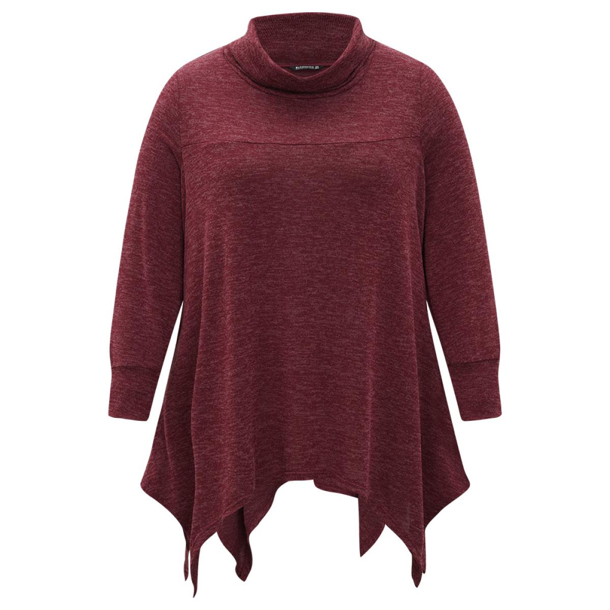 Plus Size Solid Turtleneck Pocket Hanky Hem Sweatshirt Women Scarlet Elegant Elastic cuffs Overlap Collar Dailywear Sweatshirts BloomChic 18-20/2X Product Image