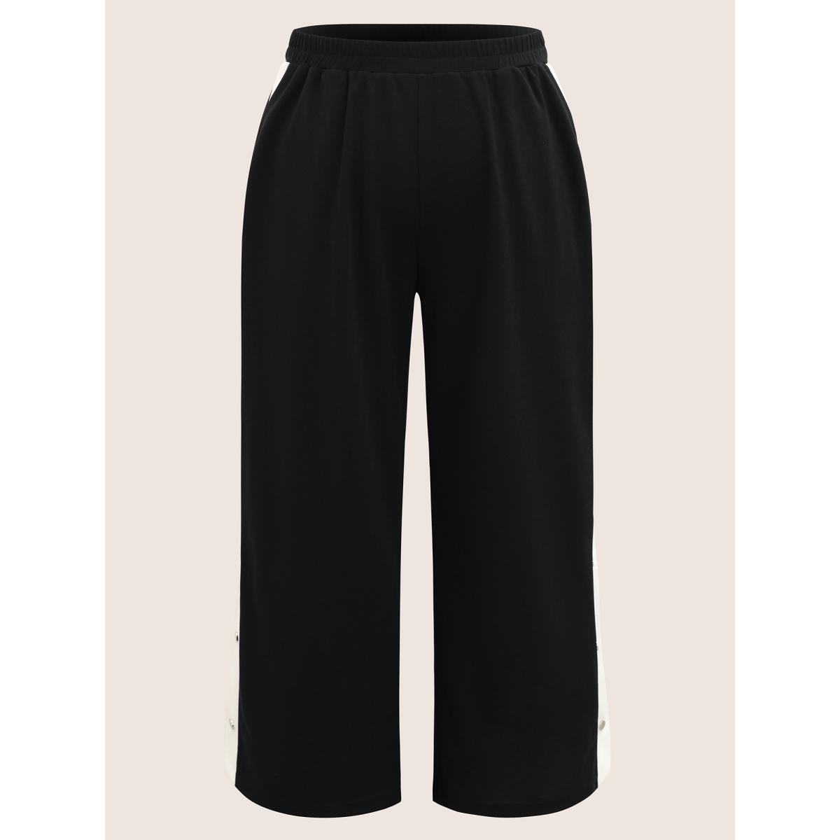 Plus Size Contrast Snap Button Side Wide Leg Pants Women Black Casual Wide Leg High Rise Everyday Pants BloomChic 28/5X Product Image