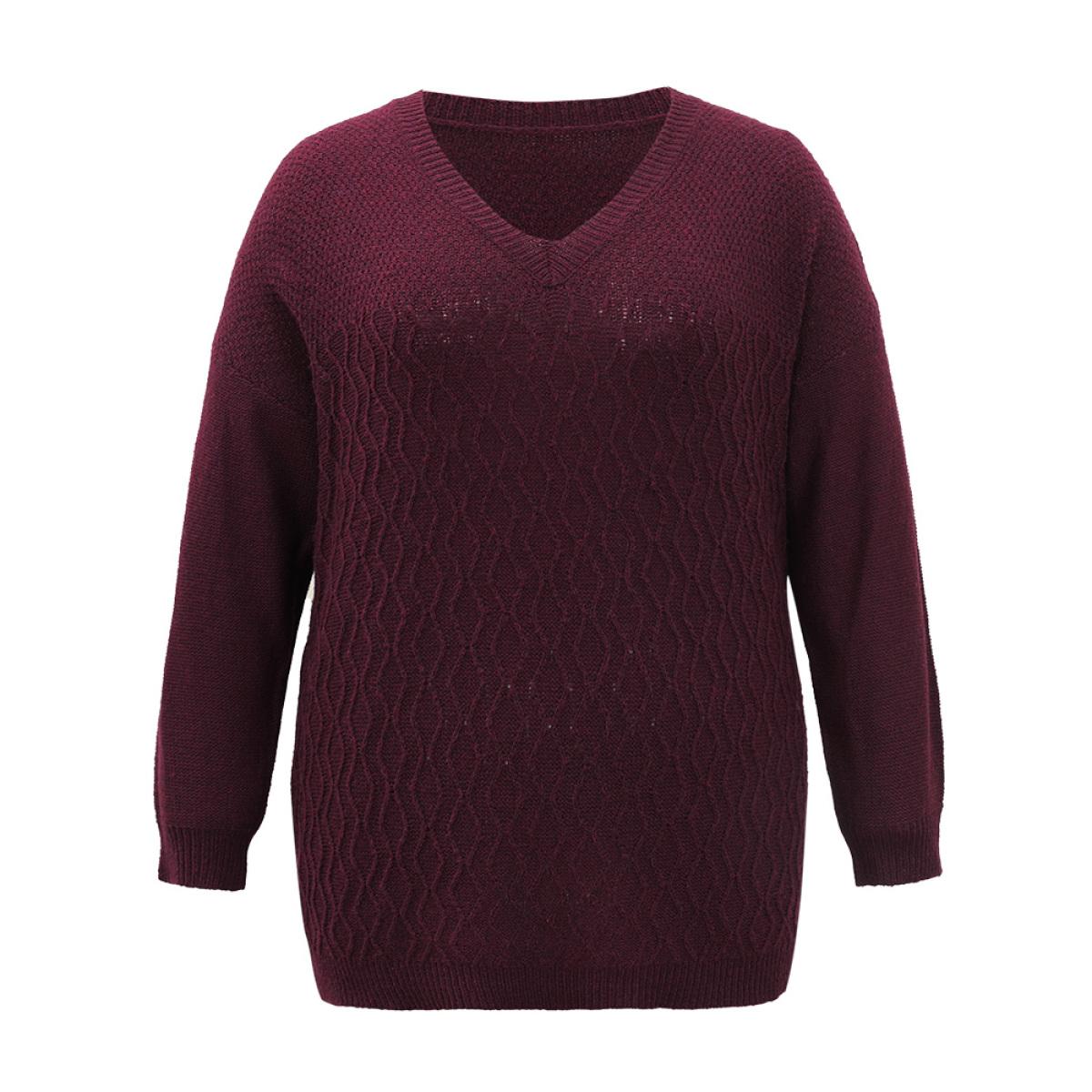 Plus Size Plisse Solid Drop Shoulder Pullover RedViolet Women Casual Loose Long Sleeve V-neck Dailywear Pullovers BloomChic 18-20/2X Product Image