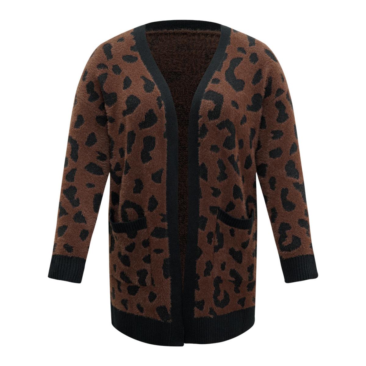 Plus Size Leopard Contrast Open Front Jacquard Cardigan DarkBrown Women Casual Loose Long Sleeve Everyday Cardigans BloomChic 12/L Product Image