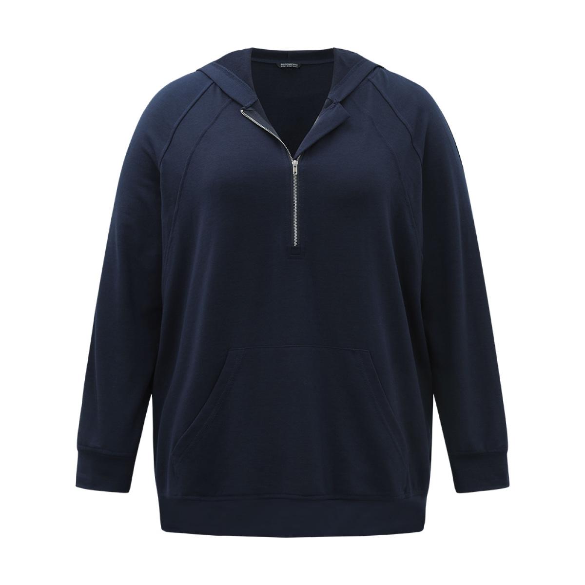 Plus Size Solid Half Zip Hooded Pocket Raglan Sleeve Sweatshirt Women Indigo Casual Elastic cuffs Hooded Dailywear Sweatshirts BloomChic 30/6X Product Image
