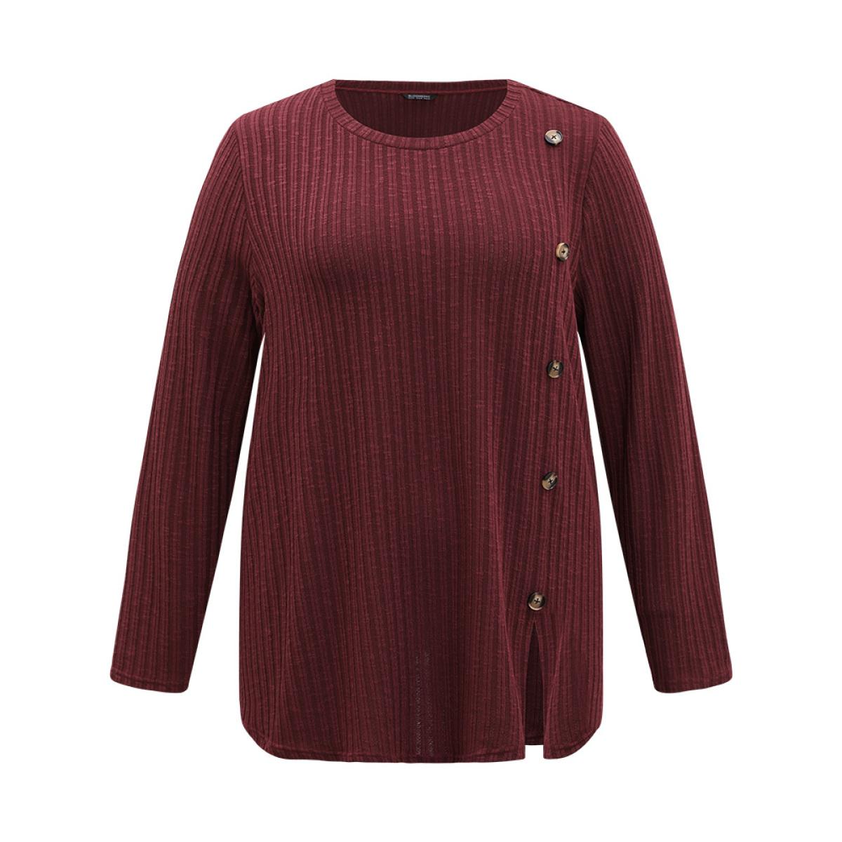 Plus Size Rib Knit Button Detail Split Side T-shirt Burgundy Women Casual Texture Plain Round Neck Dailywear T-shirts BloomChic 22-24/3X Product Image