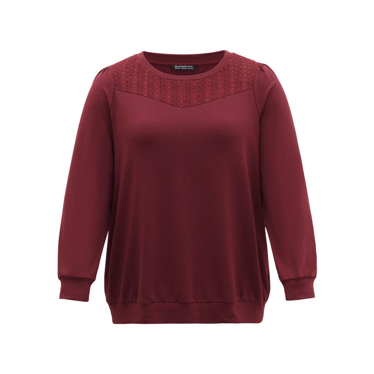 Plus Size Plain Eyelet Lace Crew Neck Sweatshirt Women Burgundy Elegant Elastic cuffs Round Neck Dailywear Sweatshirts BloomChic 26/4X Product Image