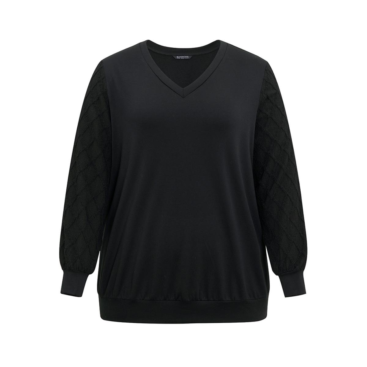 Plus Size Plain Textured Patchwork Jacquard Sweatshirt Women Black Casual Texture V-neck Dailywear Sweatshirts BloomChic 10/M Product Image
