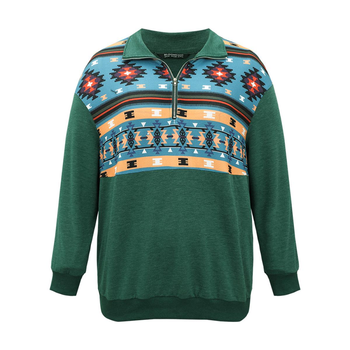 Plus Size Polo Bandana Print Zipper Sweatshirt Women Green Casual Elastic cuffs Polo Dailywear Sweatshirts BloomChic 18-20/2X Product Image