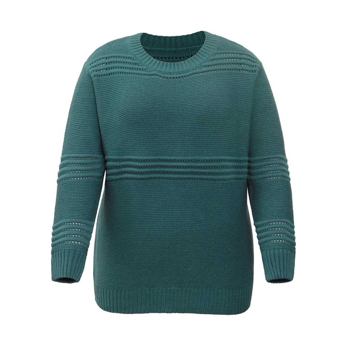 Plus Size Textured Plain Loose Elastic Cuffs Pullover Cyan Women Casual Loose Long Sleeve Round Neck Dailywear Pullovers BloomChic 12/L Product Image