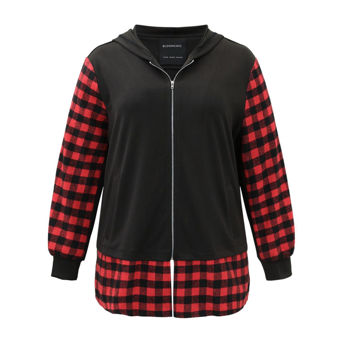 Plus Size Gingham Patchwork Hooded Zipper Contrast Coat Women Red Contrast Pocket Dailywear Jackets BloomChic 22-24/3X Product Image