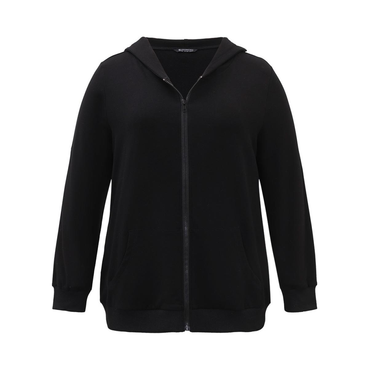 Plus Size Cotton Solid Pocket Hooded Sweatshirt Women Black Casual Elastic cuffs Hooded Dailywear Sweatshirts BloomChic 30/6X Product Image