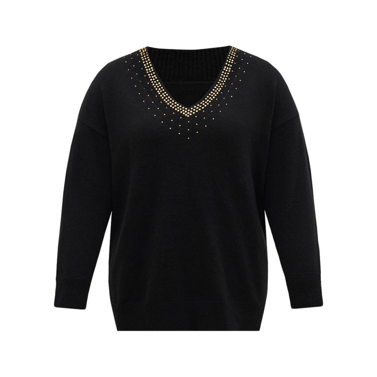 Plus Size Anti-Pilling Rhinestone Drop Shoulder Pullover Black Women Casual Loose Long Sleeve V-neck Dailywear Pullovers BloomChic 10/M Product Image
