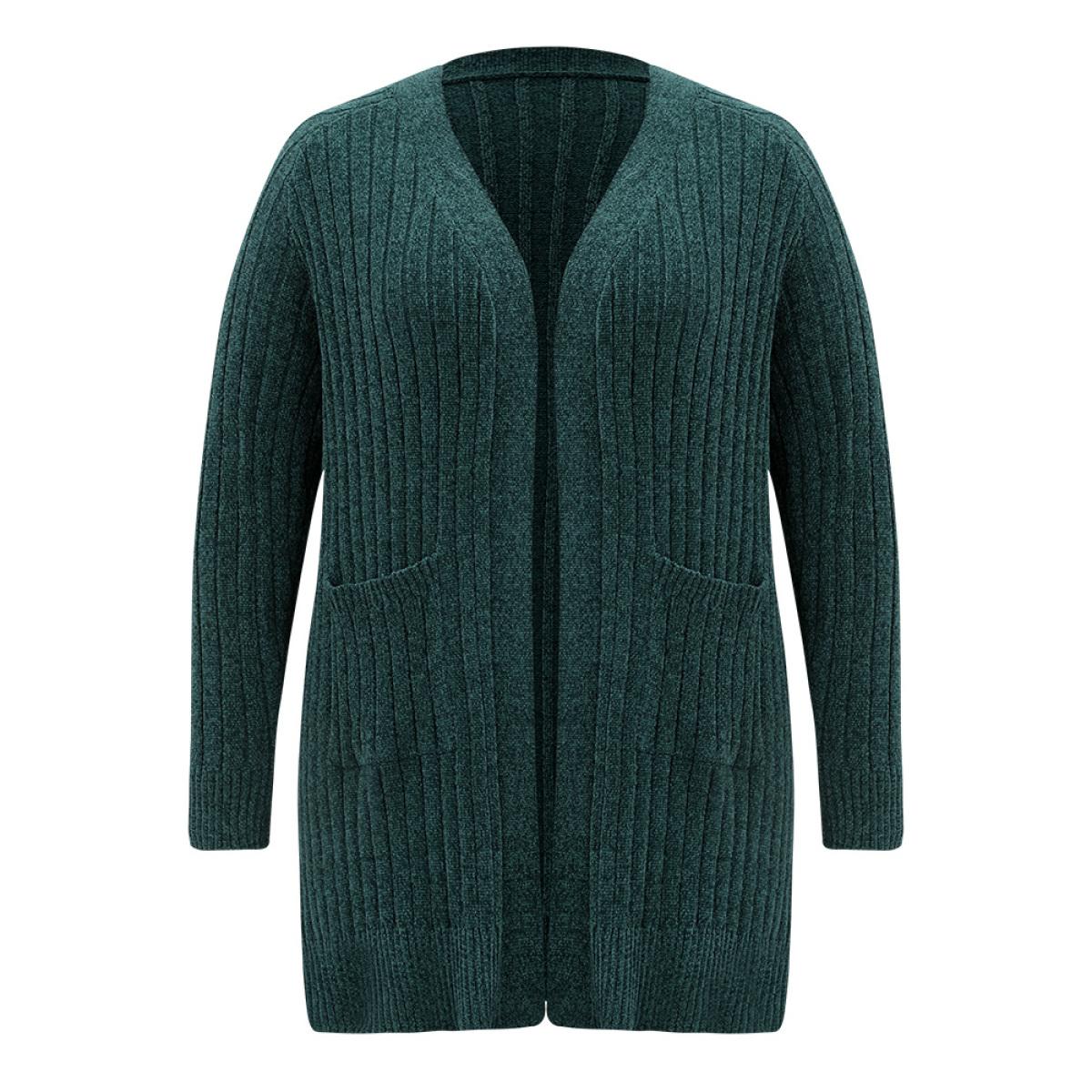 Plus Size Plisse Solid Patched Pocket Cardigan Cyan Women Casual Loose Long Sleeve Everyday Cardigans BloomChic 18-20/2X Product Image