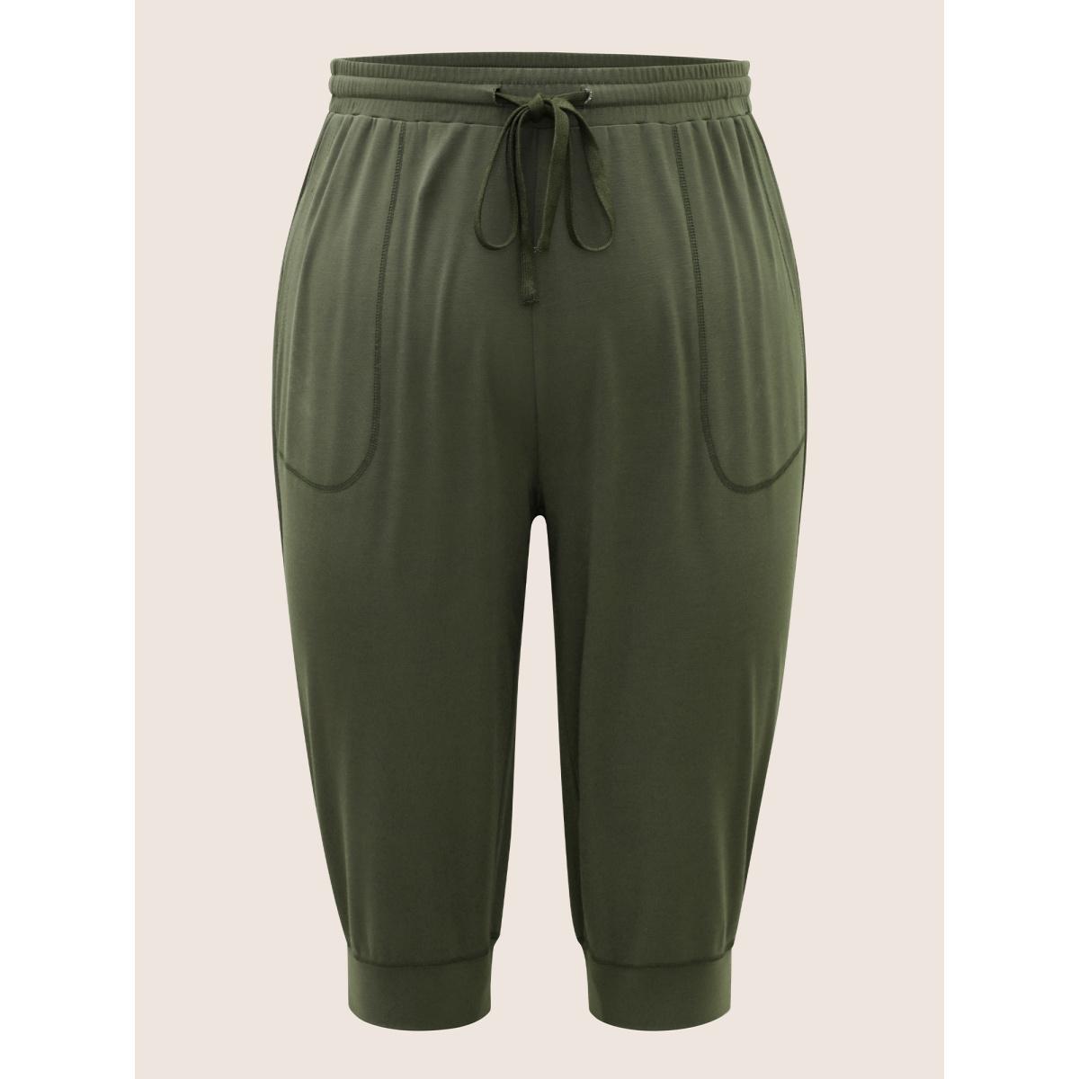 Plus Size Solid Drawstring Topstitching Mid Rise Carrot Pants Women ArmyGreen Casual Mid Rise Everyday Pants BloomChic 12/L Product Image