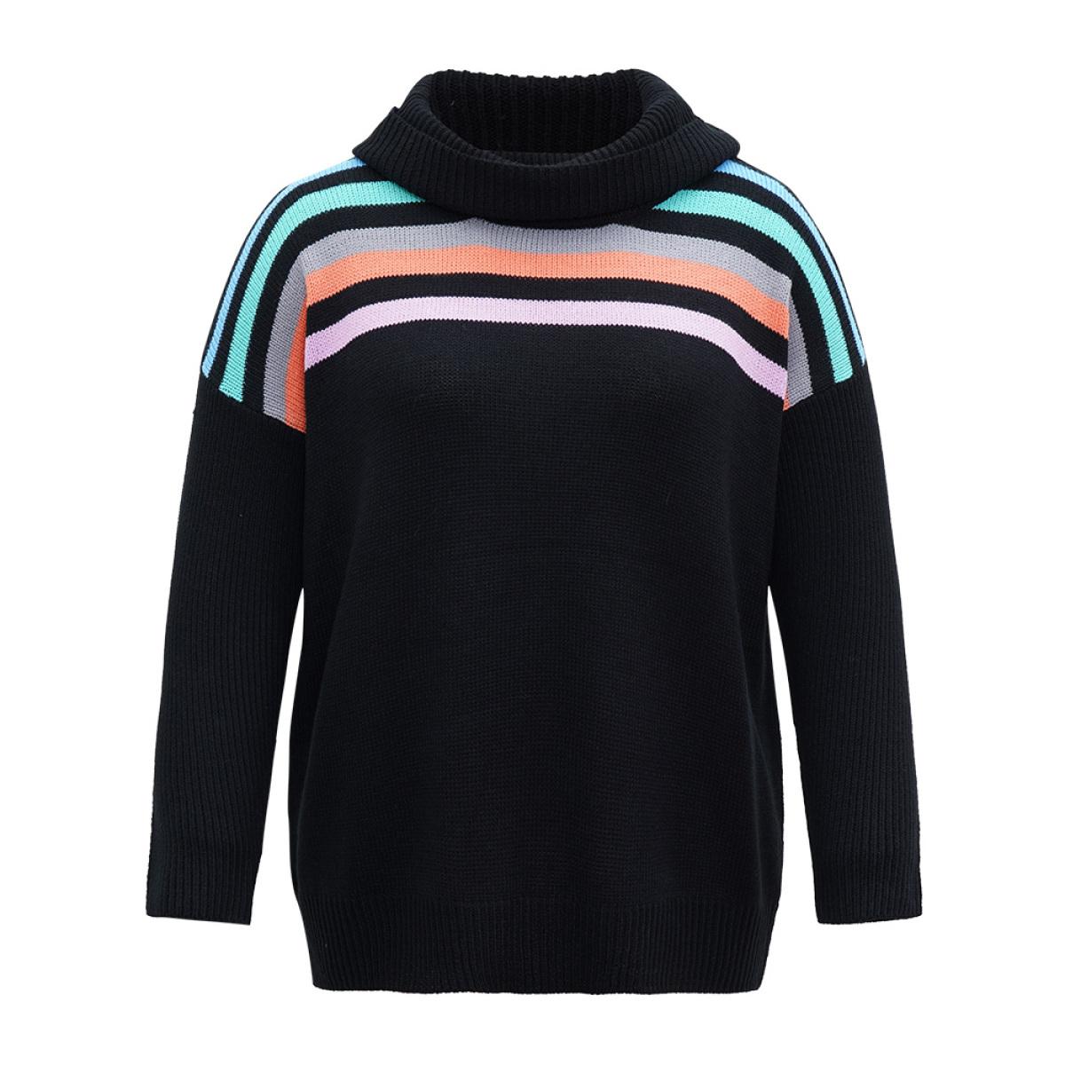 Plus Size Rainbow Striped Turtle Neck Drop Shoulder Pullover Black Women Casual Loose Long Sleeve Turtleneck Dailywear Pullovers BloomChic 26/4X Product Image