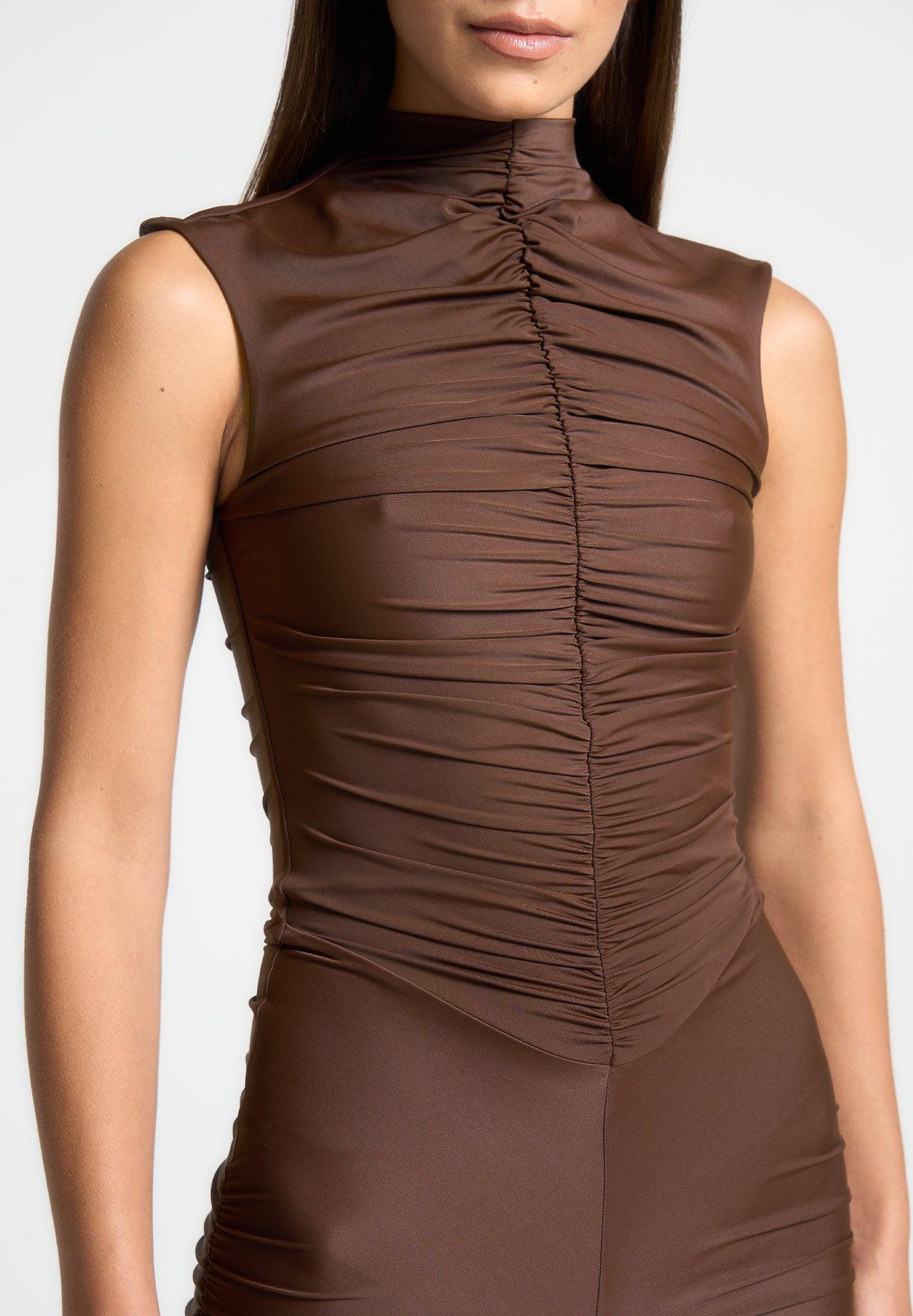 Cap Sleeve Ruched Jumpsuit - Brown Female Product Image