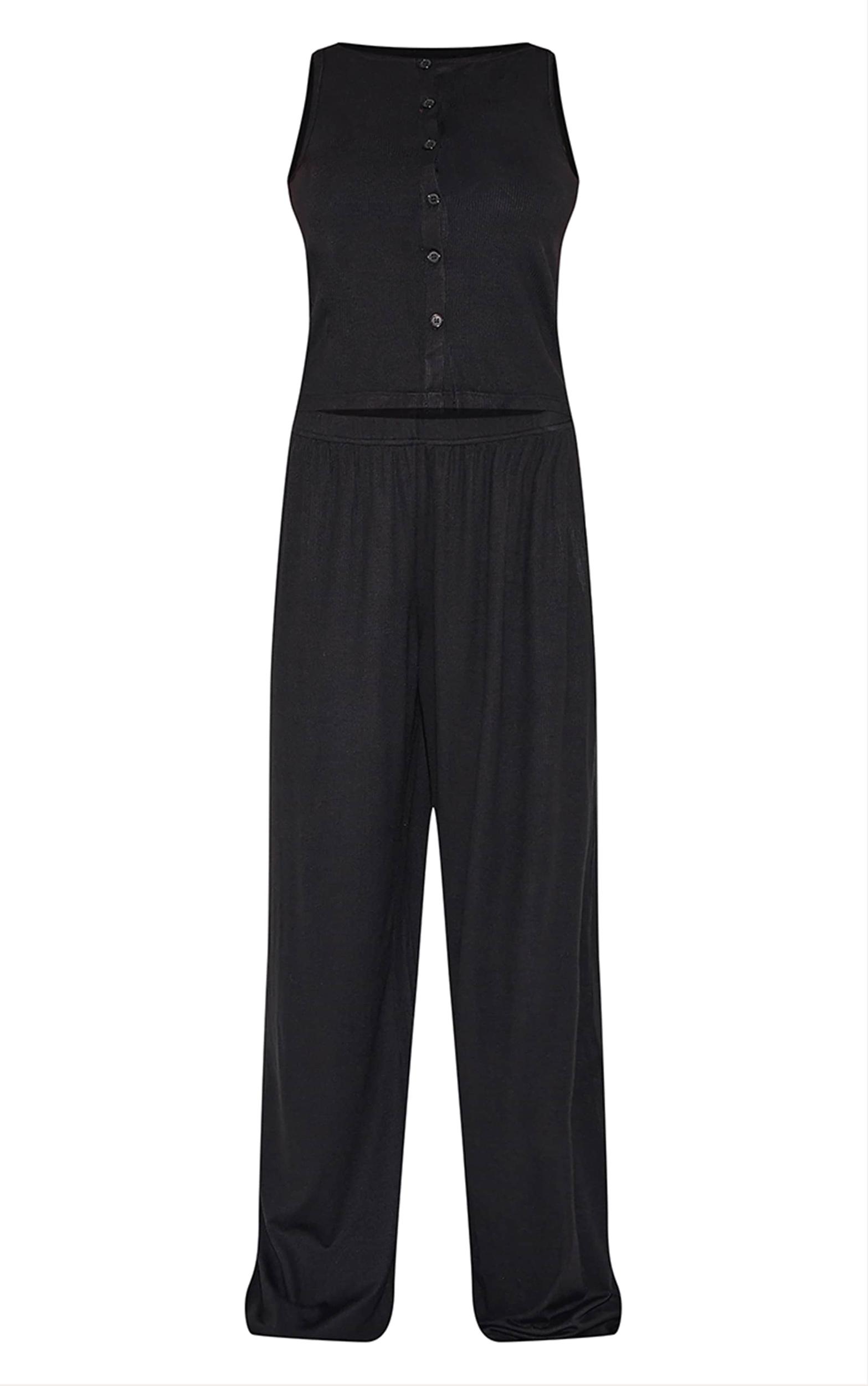 Black Ribbed Button Vest Long Pj Set Product Image