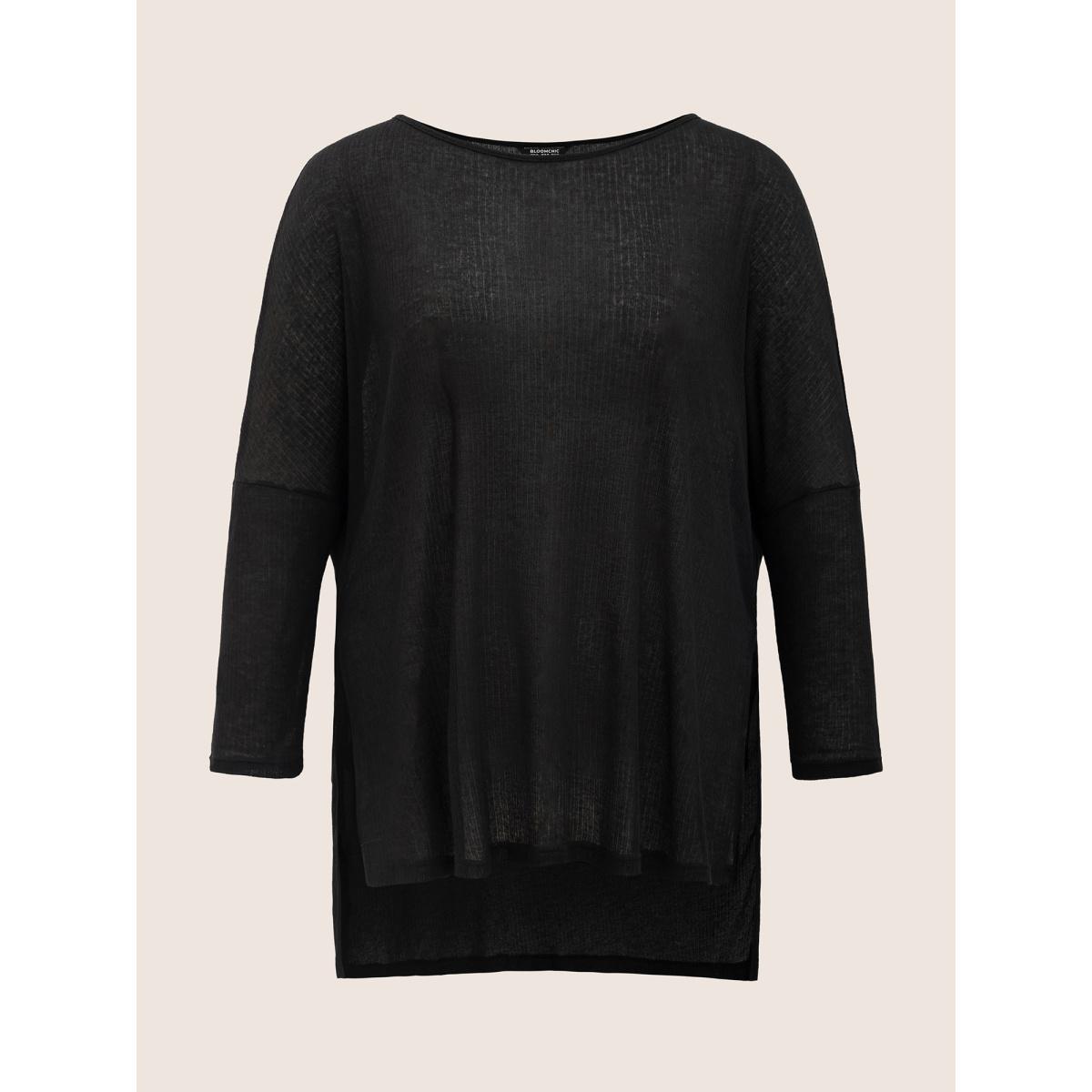 Plus Size Plain Mesh Split Side Long Sleeve T-shirt Black Women Casual Slit Round Neck Everyday T-shirts BloomChic 14-16/1X Product Image