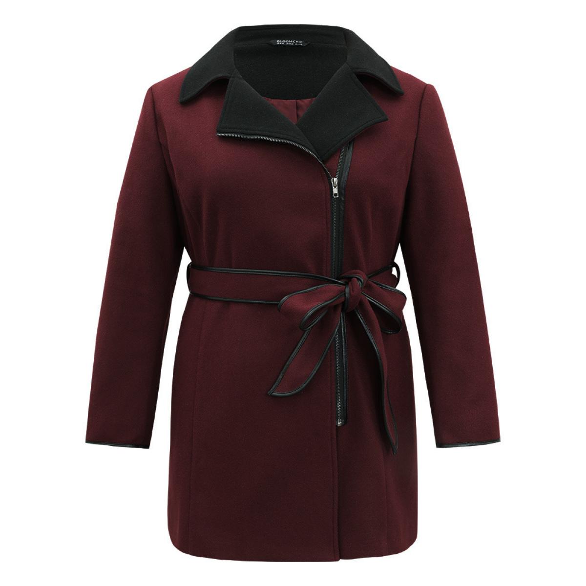 Plus Size Lapel Collar Contrast Patchwork Zipper Belted Coat Women Burgundy Casual Lined Ladies Dailywear Winter Coats BloomChic 18-20/2X Product Image