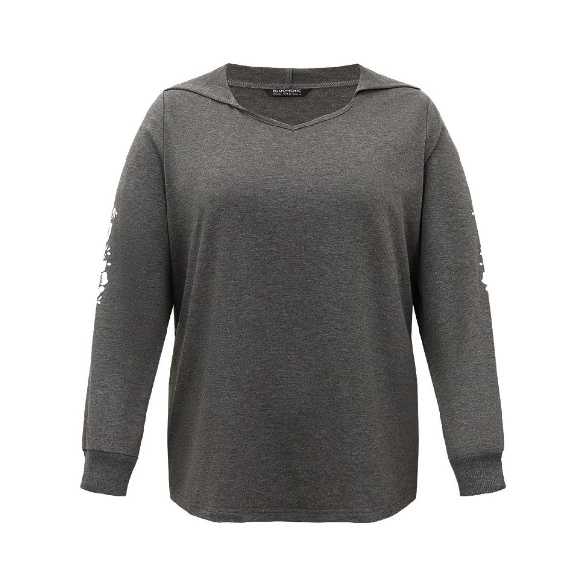 Plus Size Floral Print Hooded Rib Knit Sweatshirt Women DimGray Elegant Printed Hooded Dailywear Sweatshirts BloomChic 26/4X Product Image