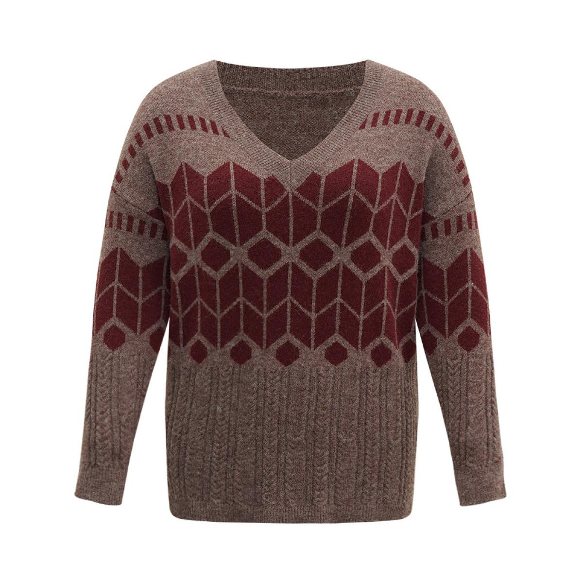 Plus Size Supersoft Essentials Geometric Knit Jacquard Pullover Burgundy Women Casual Loose Long Sleeve V-neck Dailywear Pullovers BloomChic 30/6X Product Image